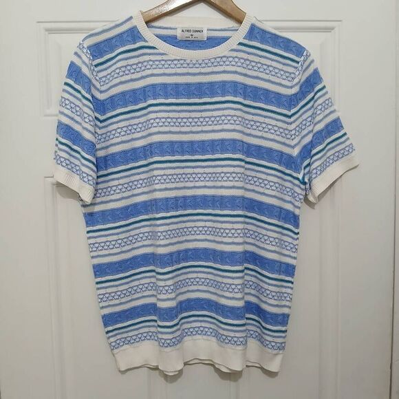 Vintage Alfred dunner womens large cotton knit blue green stripes Sweater - Picture 1 of 5